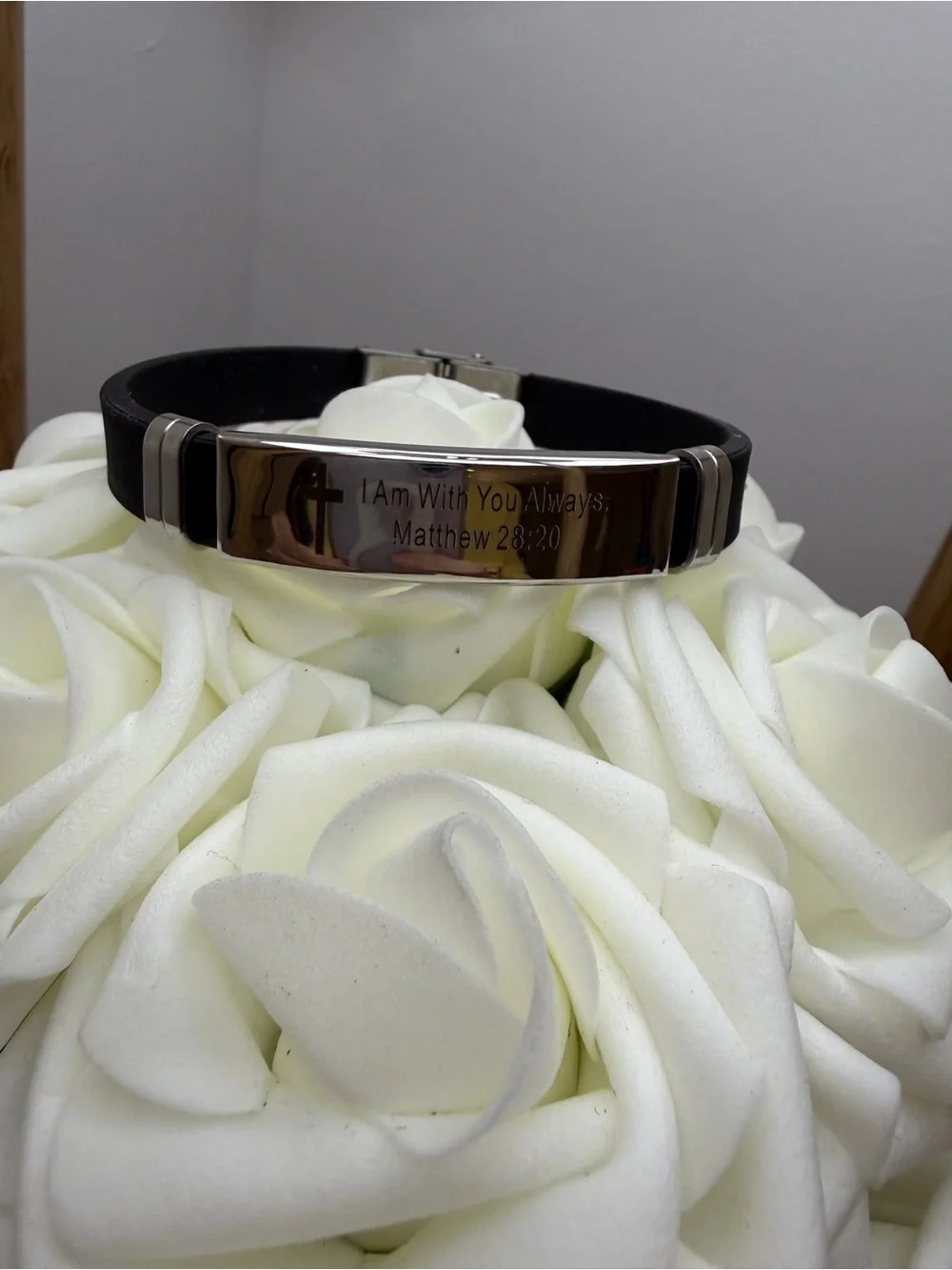 Black Silicone Faith Bracelet with Matthew 28:20 Engraving